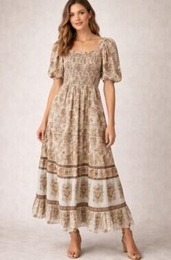 Anthropologie Kindred Boho Warm Floral Rushed Ruffle Hem Maxi Dress Sz XL